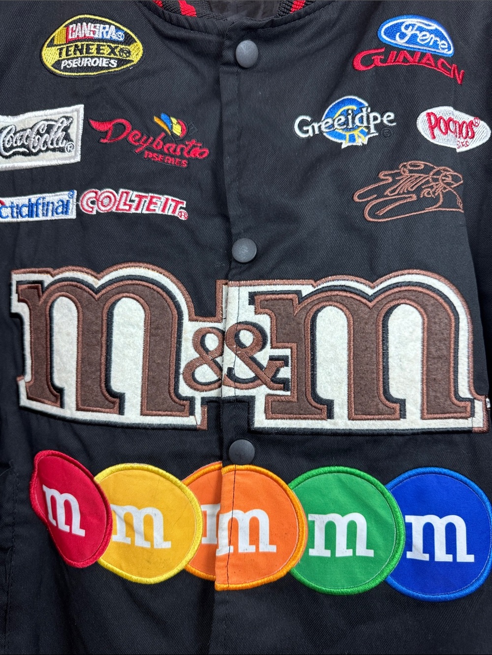 M&M's Black Racing Patch Bomber Jacket with Multicolor Patches - Picture 3 of 12